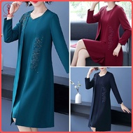 fulaide 2 Pcs/Set Women Coat Dress Set Long Sleeve Flower Embroidered Mid Length Coat Sleeveless Sol