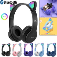 P47M Cute Cat LED Light Ear Headphones Gaming Bluetooth-Compatible 5.0 Wired Headset Sport Earphones