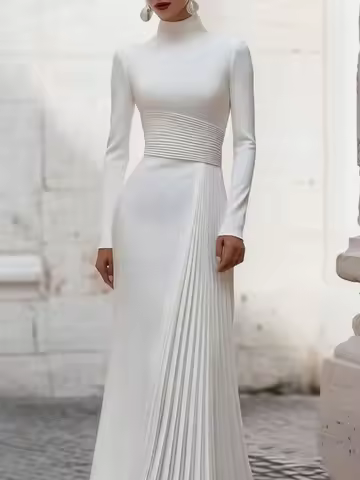 UOOZEE Women's Elegant Turtleneck Long Sleeves White Maxi Dress Ruched Waist Pleated Evening Wedding