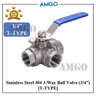 AMGO 3/4" Stainless steel 3 Way Ball Valve (3 Way Ball Valve) DN 20 (T TYPE) SUS304 three Way Ball V
