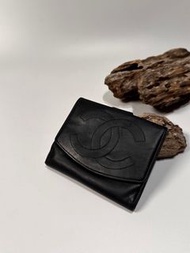 Chanel vintage 日本二手 中古復古古董 經典黑色 皮革 logo中夾 短夾 皮夾