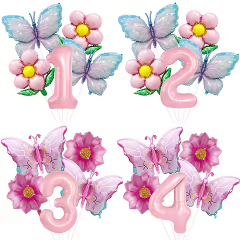 Pink Number Balloon Butterfly Balloon Set Butterfly Balloons Foil 32inch 1st-9th Number Birthday Dec