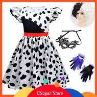 Cruella De Vil Costume For Kids Girl Evil Black White Dress Mask Bag Wig Halloween Party Cosplay Clo