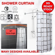 [Local Ready Stock] Shower Curtain &amp; Curve Rod | Drilling &amp; Non Drilling | Waterproof | Toilet Shower Screen | L Rod 30 Degree