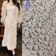 [red Plum] LS Off-White Feather Sequins Embroidered Fabric Soft Dress Dress Top Sling Clothing Designer Fabric