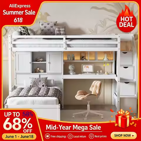 Bunk Bed Twin Over Twin with Desk Storage Compartments Shelves,Wooden Loft Bed Frame Storage Stairca