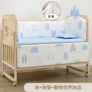 嬰兒床 Baby Bed（實木無漆）歐式多功能寶寶床搖籃床拼接兒童床【床+床墊+床品五件套（動物樂園】100*56cm外徑104*60cm#H099034263