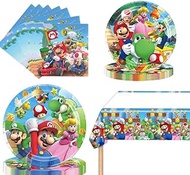 Mario Party Supplies 41Pack include 20 plates, 20 napkins 1 tablecloth for Mario birthday party decoration