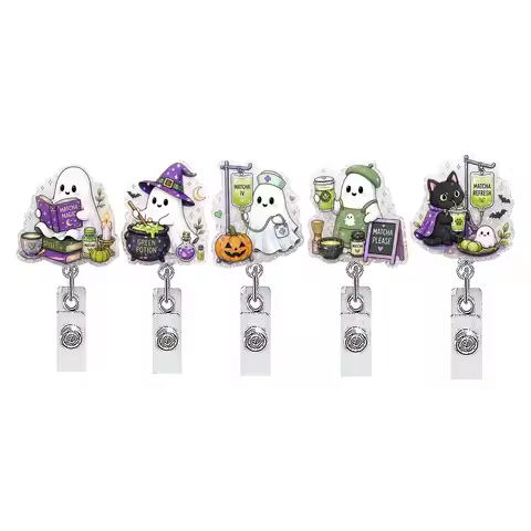 Halloween Badge Reel 5 Piece Cute Funny Nurse Student Name ID Clip Retractable Spooky Badge Reel for