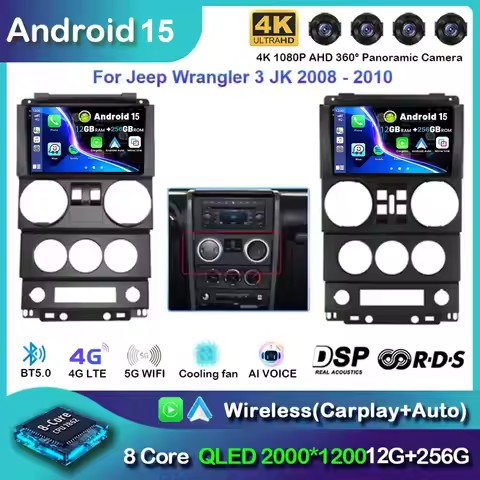 CarPlay Android 15 For Jeep Wrangler Unlimited 3 JK 2008 - 2010 360 Camera Car GPS Navi Head Unit Ra