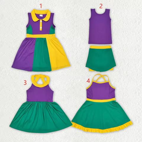 Wholesale Western Boutique Children Clothing Sibling Baby Girls Mardi Gras Active Wear Dresses Yoga 