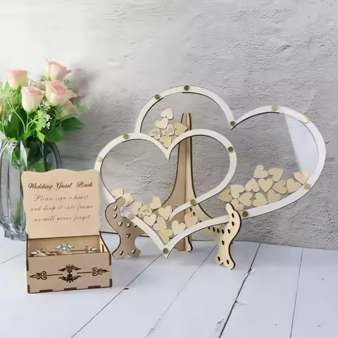 Double Heart shape Wedding guest book Decoration Rustic Sweet Heart Drop box Wedding drop box 3D Gue