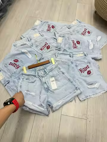New Light Blue Denim Shorts Kisses Lip Print Embroidery Distressed Ripped Frayed Hem High Rise Casua
