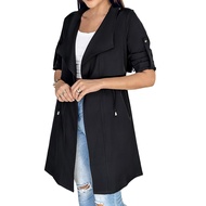 Winter Women Jacket Mid Sleeves with Cufflinks Drawstring Waist Windbreaker Open Stitch Coat Mid Len