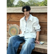 White Stripes Contrast Color Fake Two-Piece Shirt Men Fake Two-Piece Patchwork Shirt Jacket