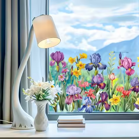 1Pc Beautiful Iris Flower Wall Stickers for Home Colorful Living Room Window Glass Background Self-a