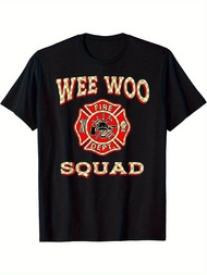 Funny Firefighter T-Shirt - WEE WOO Squad Fire Dept Design with Fire Axes - Heavyweight 100% Cotton