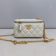 Chanel香奈兒 灰金全皮菱格金柱調節扣化妝包  芯片款