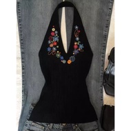Y2k Slimmer Look Embroidered Halterneck Top Asian Culture Wear Sweet Cool Top y2k Clothes Narrow Wai