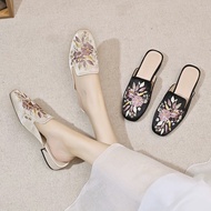 2 Colors Large Size 34-43 Muller Slippers Women Summer Outer Wear Thick Heel Baotou Embroidery New C