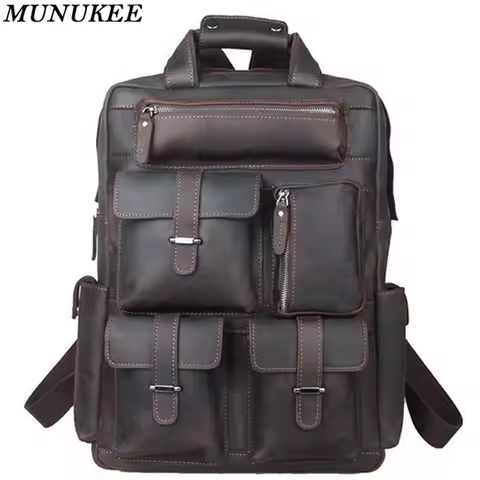 Vintage Crazy Horse Genuine Leather Men Backpack Travel Bagpack Male School Backpack Fashion Hiking 