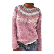 Women Sweater O-Neck Long Sleeve Geometric Pattern Patchwork Color Knitting Tops Loose Fit Crochet T