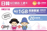 南方電信 - 6日 1GB/日 日本&韩国 4G/3G 有通話 無限上網卡/數據卡 電話卡 SIM咭