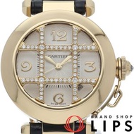 卡地亞 Pasha 32毫米腕錶，網格狀鑽石鑲嵌，自動上鍊，型號WJ111256，18K黃金/皮革錶帶，銀色，拋光處理，成色極佳，二手