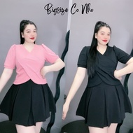 Women's big-size T-shirt with V-neck, short sleeves, cross-over design, easy to wear, cool ribbed ma