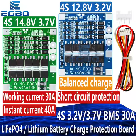 BMS-Lithium Battery Charge Protection Board, 4S, 3.2V, 3.7V, 30A, LiFePO4, 12.8V, 14.4V, 18650, 3265