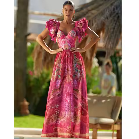 FLAXMAKER Ruffled Rose Red Blooming Flower Print One Piece Swimsuit and Skirt Women Beachwear Luxury
