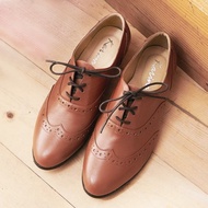 綁帶低跟全真皮牛津鞋-棕色 女鞋 皮鞋