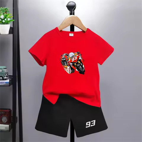 Summer red Short Sleeve T Shirt +shorts 2 Piece Motorcycle race car number 93 Children Clothes Casua