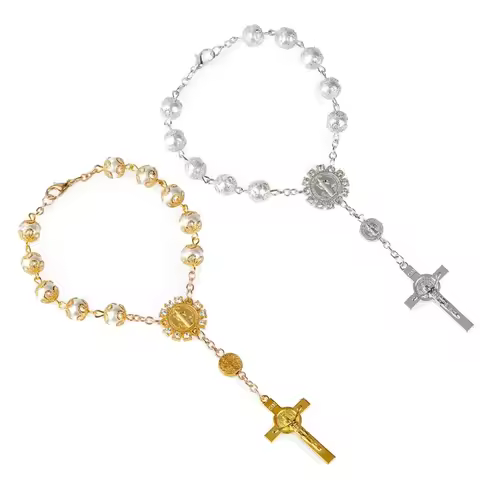 One Decade Auto Rosary Beads Catholic Bracelet Saint Benedict Crucifix Divine Mercy Gift for Women M