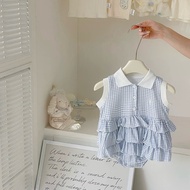 【Ready Stock】 RL Baby Girl Quality Blue Checkered Plaid Summer Short Sleeveless Cake Romper Dress Ba