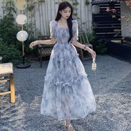 Women Dreamy Purple Ink Wash Floral Maxi Dress Lady Elegant  Puff Sleeve Organza Hem Dress Female Ro