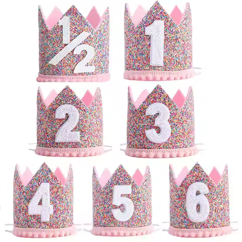 1pc Pink 1st Birthday Crown Half Two Party Sequins Hat Headband 3rd 4th 5th 6th Number Crown Caps fo