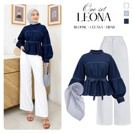 KEMEJA Trendy Outfit Set for Teenagers (Kalia Women's Denim Shirt with Balloon Sleeves + Pants + Hij