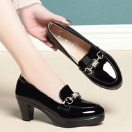 【E&S】3inch Chunky Fashion Loafer Glossy Style Leather Heels 777