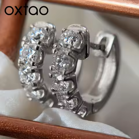 OXTAO D Color Moissanite Hoop Earring 4mm Stones for Women Sparkling Lab Imitation Diamond Earring F