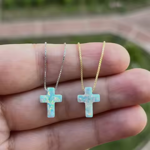 Synthetic OP03 Mint / OP05 Blue Cross Opal Necklace Fashion Cross Opal Necklace with Box chain or O