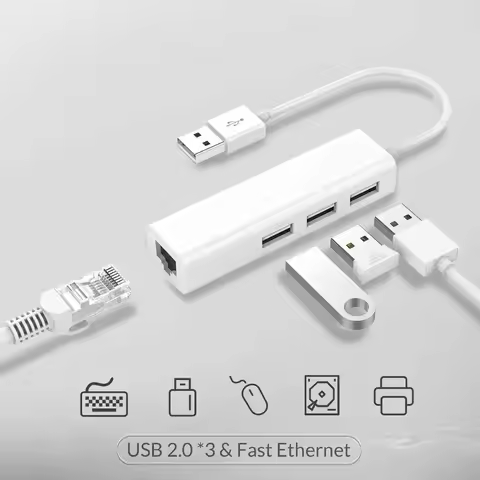 USB Ethernet with 3 Port USB HUB 2.0 RJ45 Lan Network Card USB to Ethernet Adapter for Mac iOS Andro