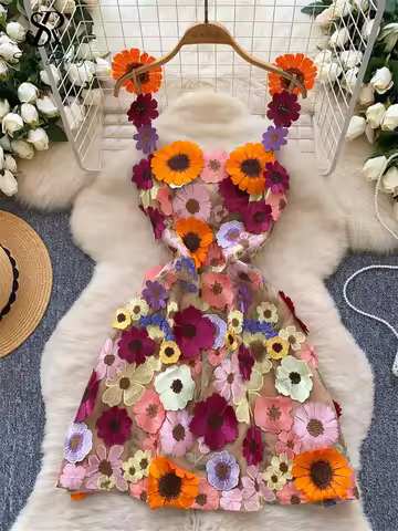 SINGREINY Chic Embroidery Strap Dress Women Sleeveless Zipper 3D Floral Design Summer High Street A 