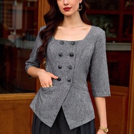 Retro Classic Elegant Women Blazer Jacket, Gray Double-Breasted 3/4 Sleeve Fitted Suit Jacket Back T