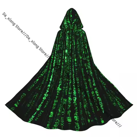 Unisex Halloween Cloak Green Matrix Cape Hooded Medieval Costume Witch Wicca Vampire