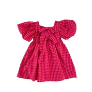 Uisa 1 - 8 Tahun Dress Pesta Princess Anak Perempuan Pola Grid Merah Mawar Lengan Balon Bow Tie Stra