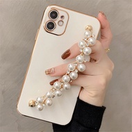 For Samsung Galaxy A11 A12 A13 A22 A23 A32 A52 A72 A31 A51 A71 A81 A91 4G 5G Cases 6D Plating Pearl Chain Phone Case For Samsung Galaxy S10 S20 S21 S22 Plus Note 10 20 Ultra Wrist Band Soft Cover