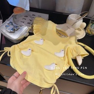 Girls' pure cotton flutter-sleeve dress with drawstring, cute doll design, stylish for young girls, 