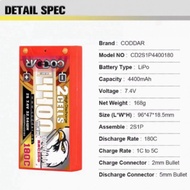 CODDAR 2S1P 4400MAH 7.4V 180C LiPo Battery HARD CASE LCG/THIN SHORTY PACK, INCLUDES EXTERNAL CABLE W
