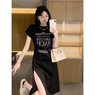 Live Style Jul-088 Letter Chain Collar Side Slit Dress